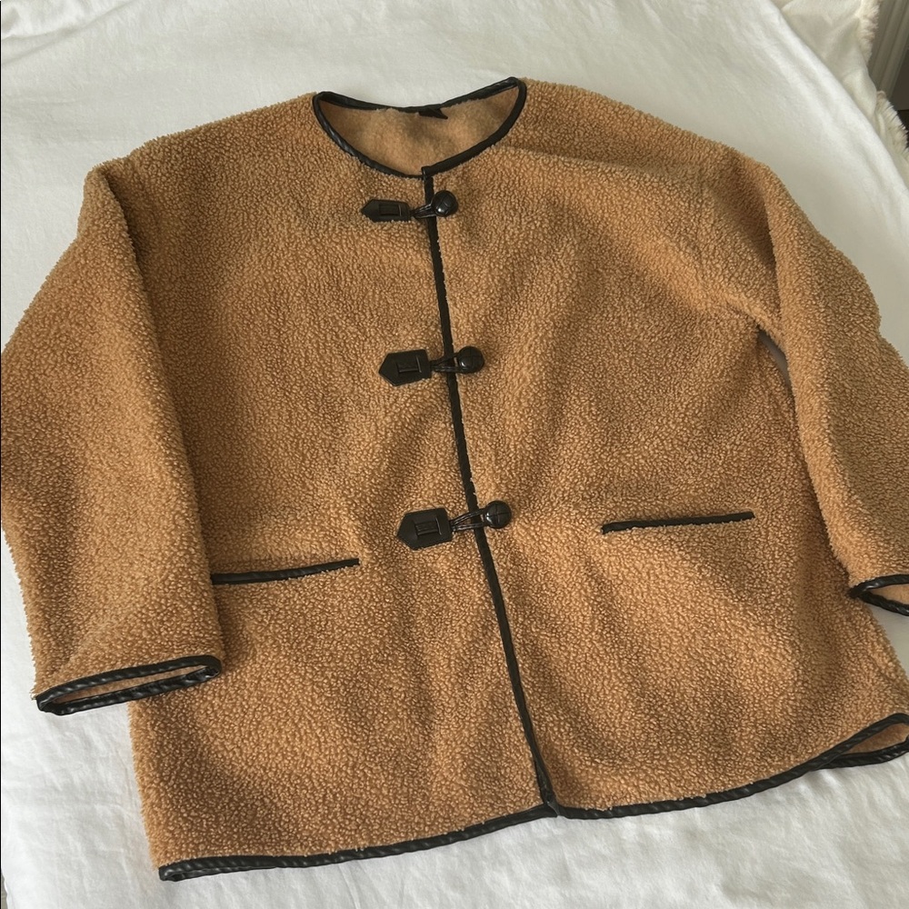 Cozy Caramel Tan Teddy Jacket with Black Trim and Toggle Buttons
